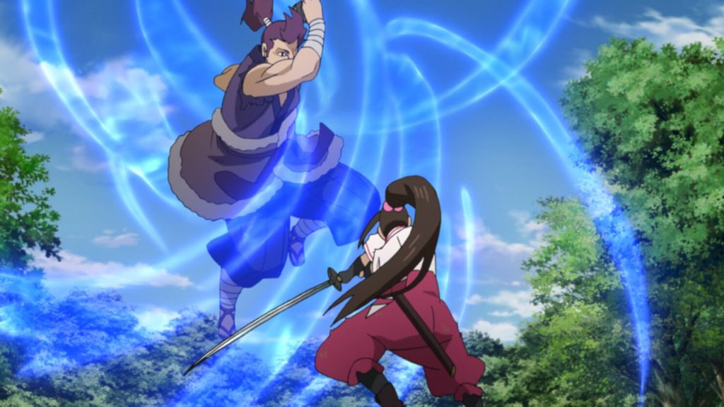Sazanka attacks Tsubaki with a blue sword technique in Boruto Episode 231