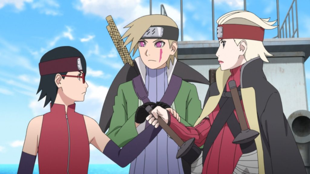 Sarada, Kagura, and Buntan join hands before the Dotou Island rescue in Boruto Episode 235