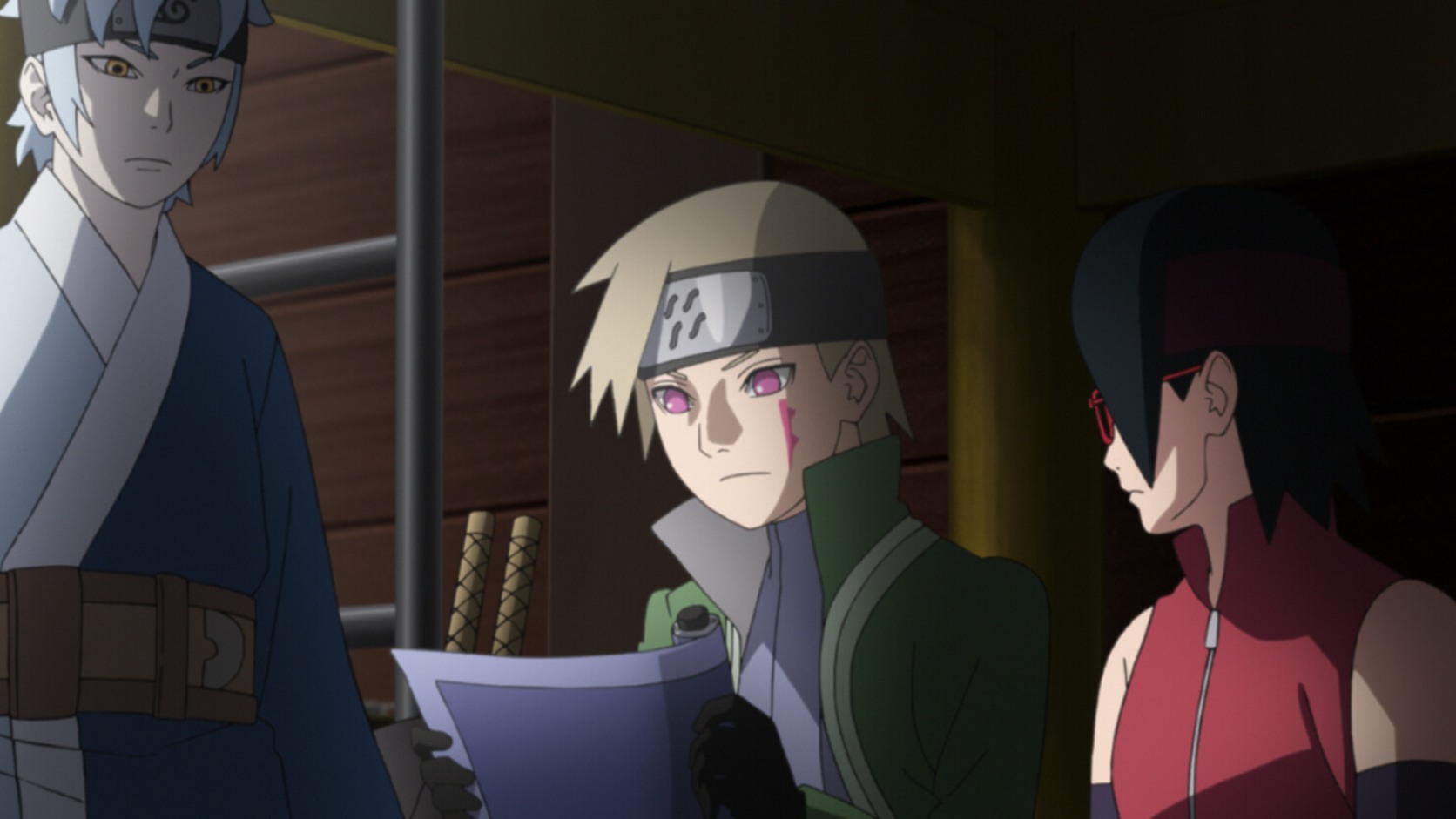 Buntan reads the sentence decision beside Kyoho and Sarada in Boruto Episode 241