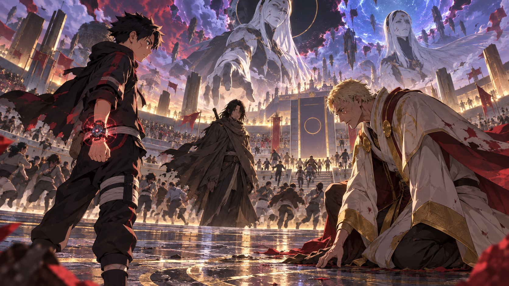 Original rebellious young ninja-like son with a scientific wrist device faces his exhausted leader father and wandering mentor as celestial invaders descend over an examination arena.