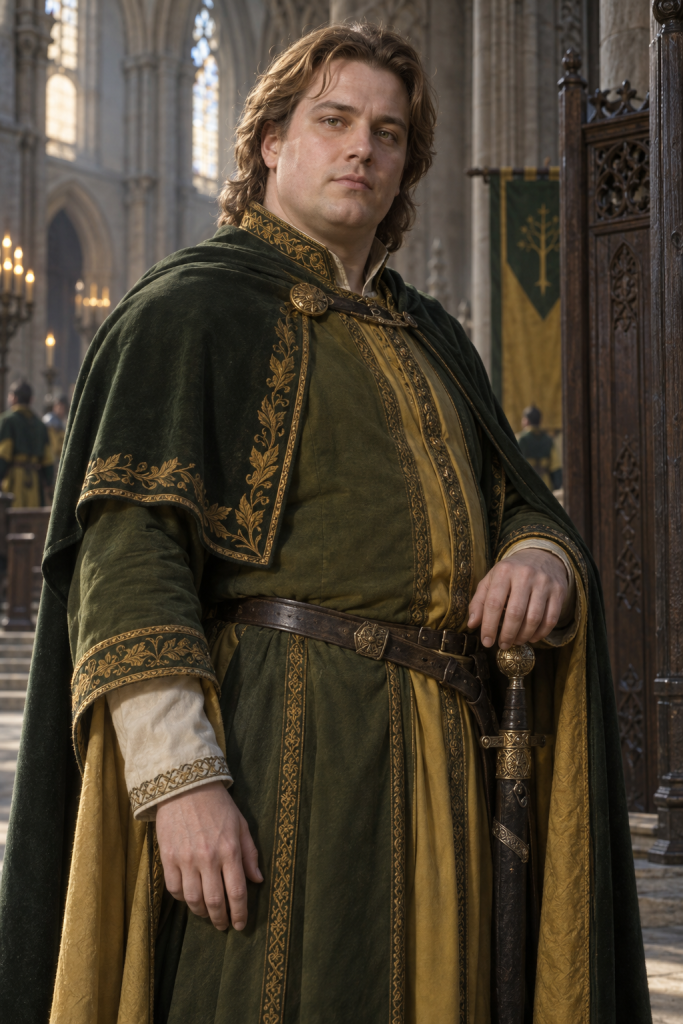 Count Breyugar, a soft-featured Lord Constable in green and yellow, rests one elegant hand on his sheathed sword inside Saint Sutrin’s