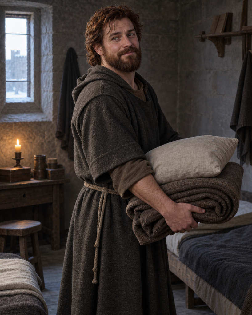 Brother Eglaf carrying folded bedding inside the shared Naglimund quarters he lends to Father Strangyeard