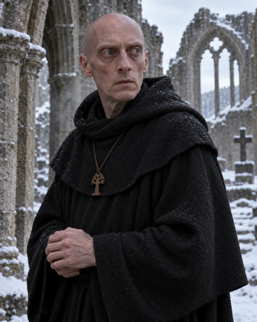 Brother Hengfisk, the angular bald Rimmersman monk at Saint Hoderund's