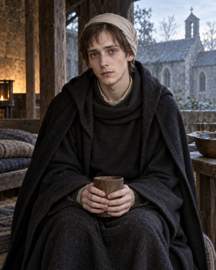 Brother Langrian, the nineteen-year-old Hoderundian survivor, convalescing in a head wrap