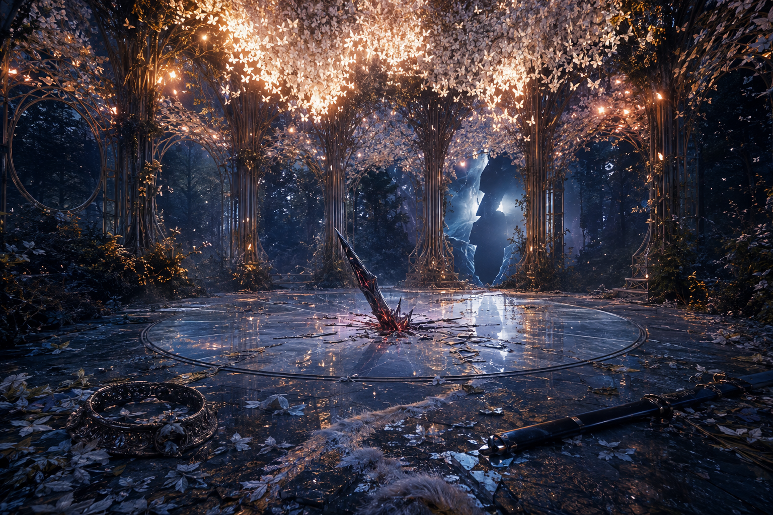 A crystalline weapon breaches a Mist-Lamp beneath a living roof raining white fire