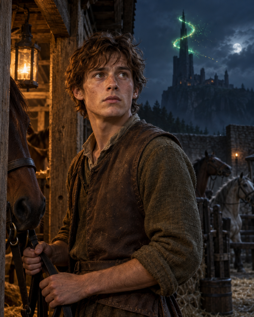 Caleb, an alert young Hayholt horse-boy, watches green serpentine fire coil around a distant tower from the stable doorway