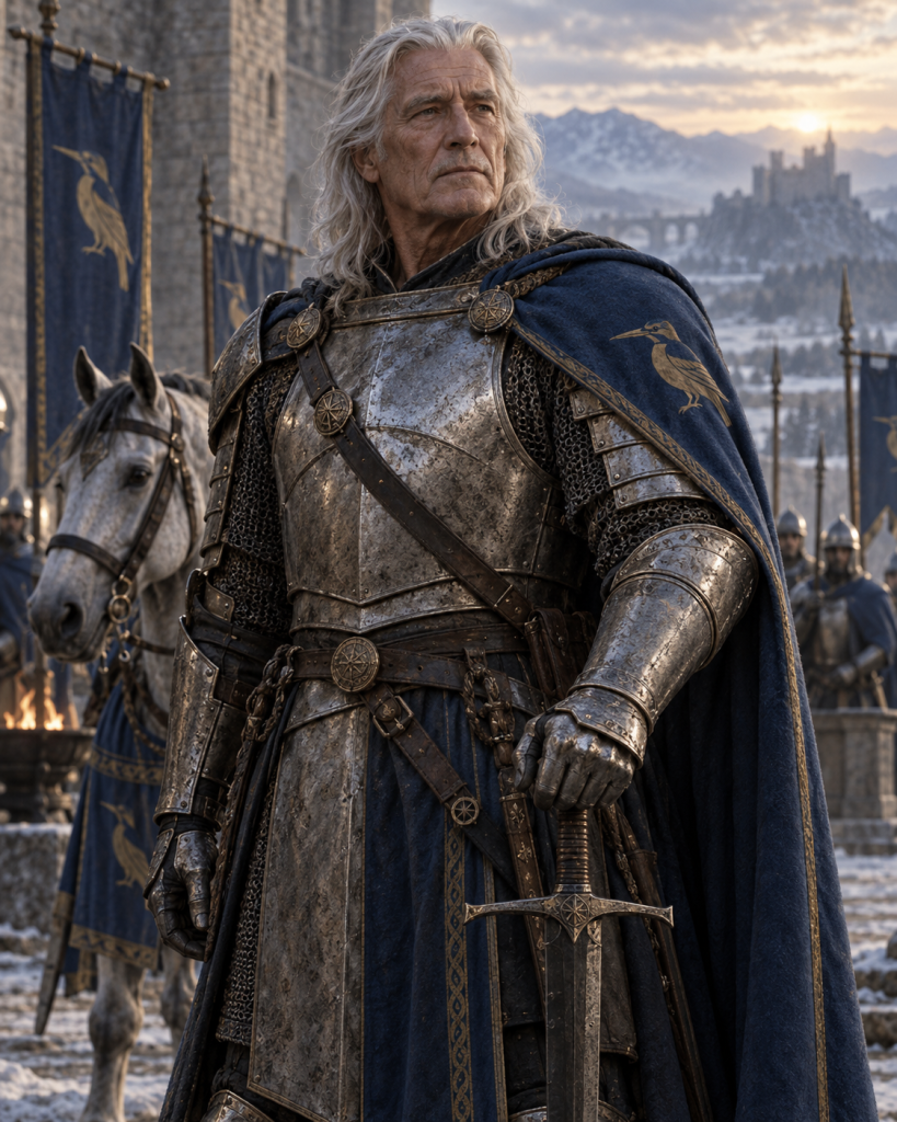 Camaris, the silver-haired elder knight in worn Kingfisher armor