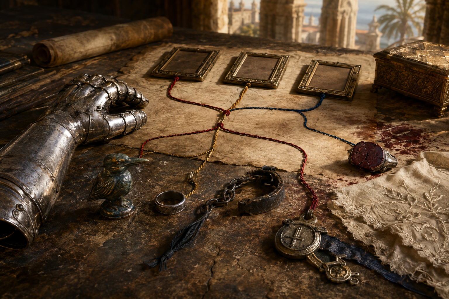 A knight gauntlet, kingfisher seal, lineage cords, manacle, and witness tokens on an archive table
