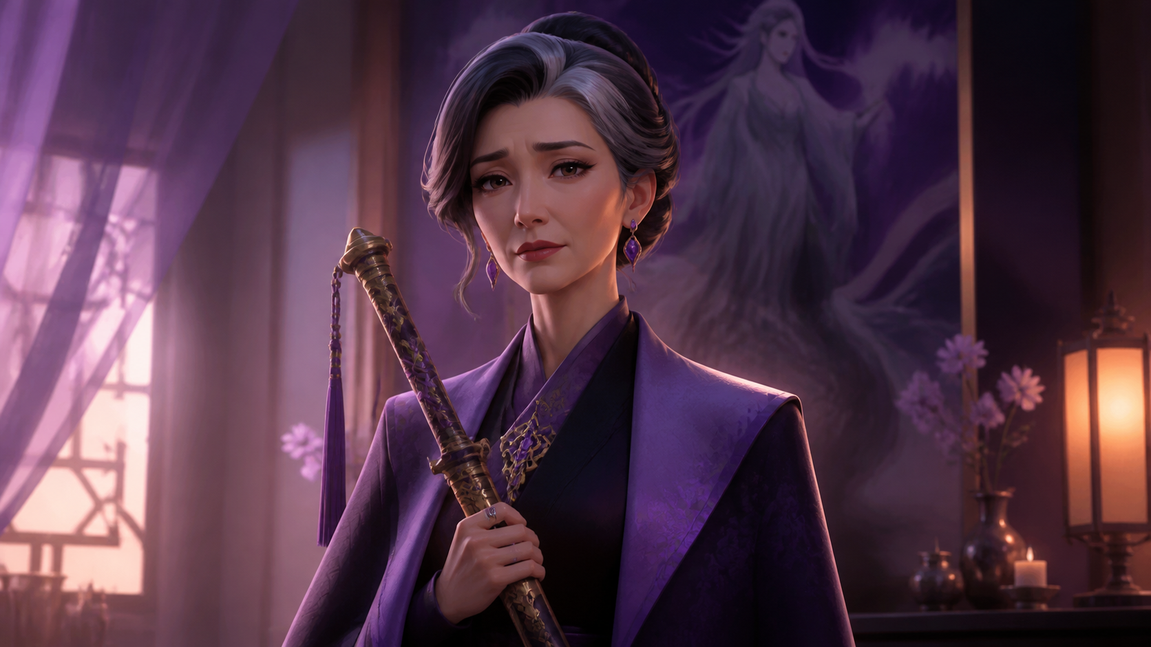 Original CVM Sekai fan art of Celine holding a sheathed hunter weapon with regret visible on her face