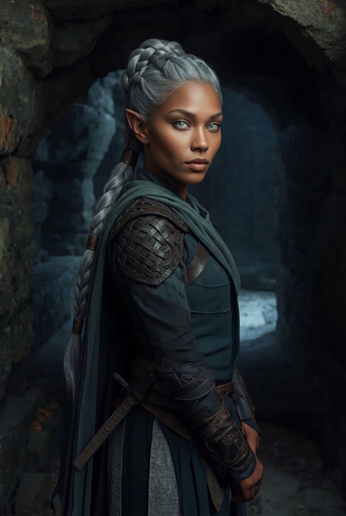 Chiya, a silver-haired Sitha infiltrator with jade eyes, stands alert inside an ancient hidden passage beneath Asu’a
