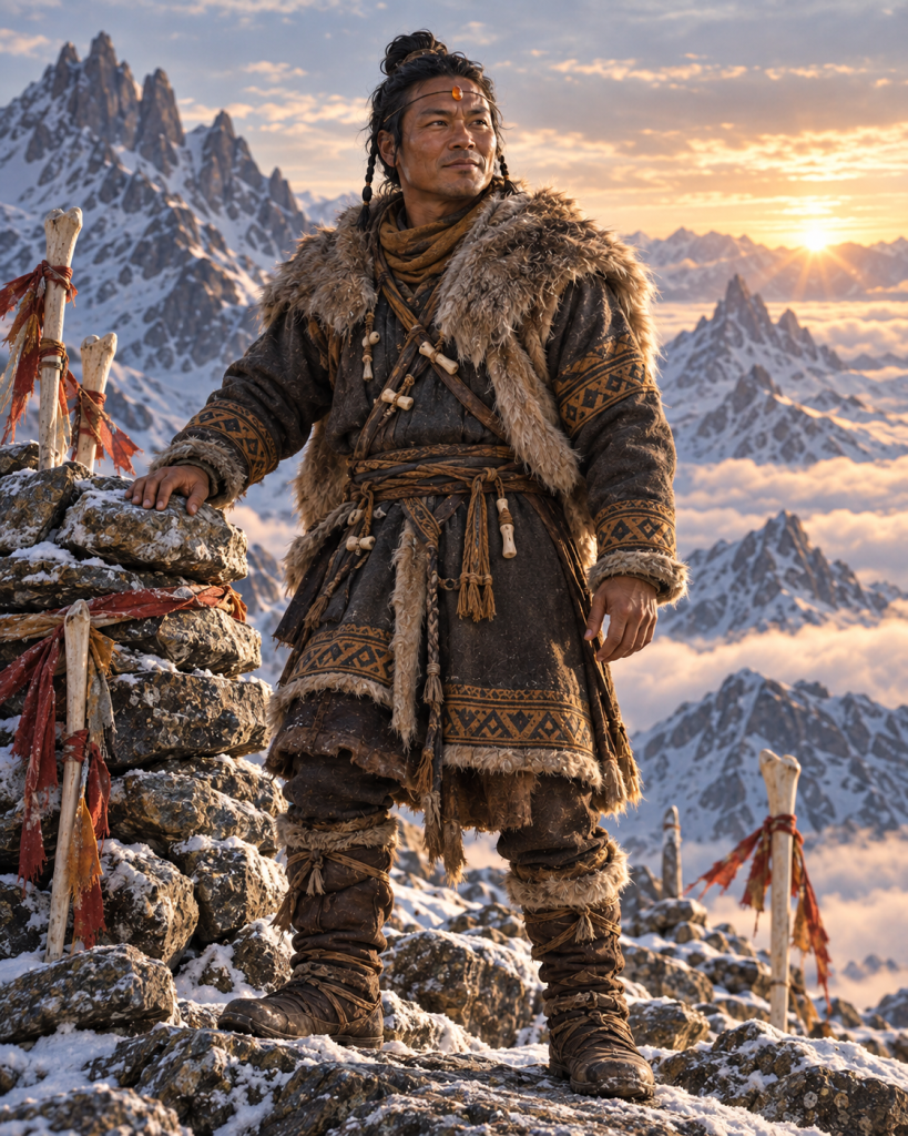 Qanuc legendary interpretation of Chukku standing empty-handed beside a high-place cairn