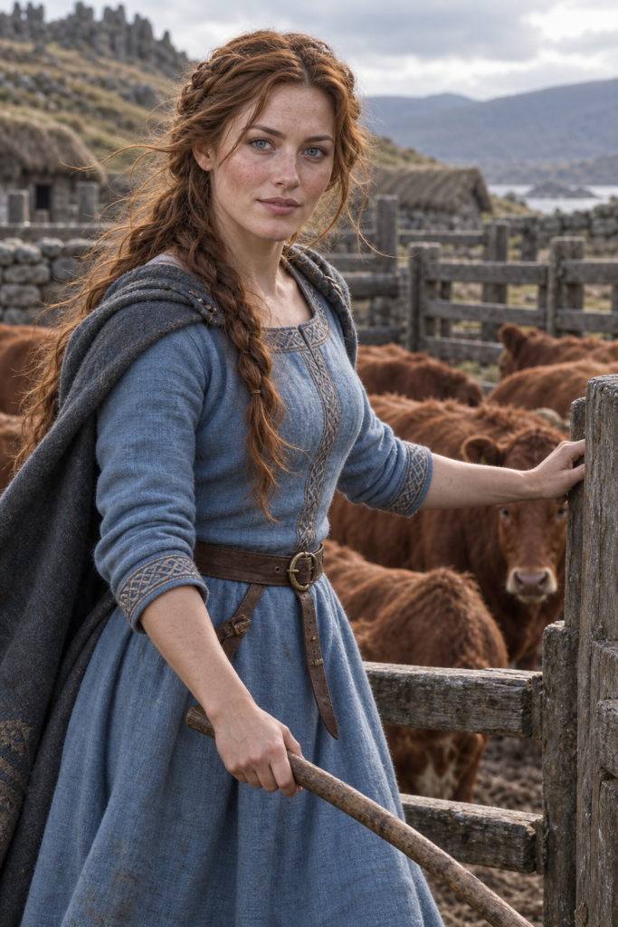 Cifgha, a copper-haired young Hernystiri woman in a light-blue dress, stands beside the Taig’s red-cattle paddock