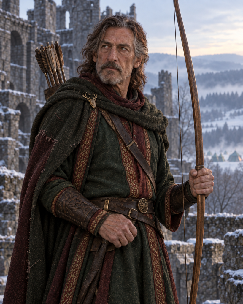 Craobhan, an older Hernystiri archer, standing with his longbow in reclaimed snowy Hernysadharc