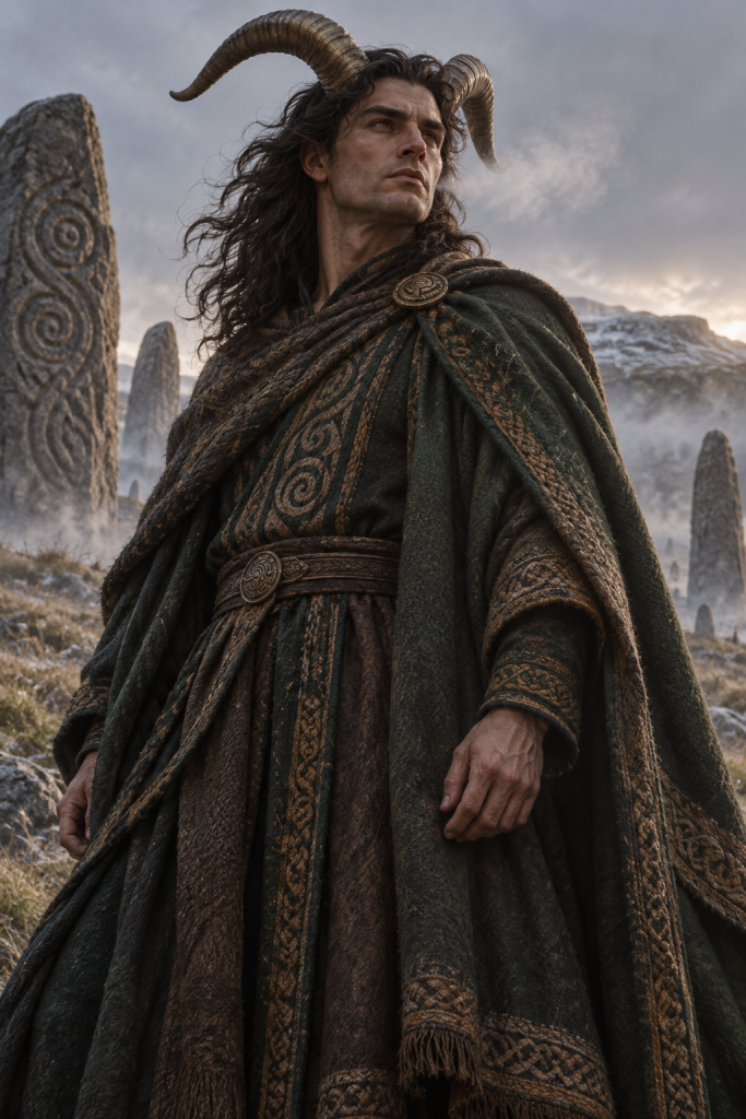 A horned, dark-haired devotional interpretation of Cryunnos stands among misted Hernystiri stones with cold breath flaring from his nostrils