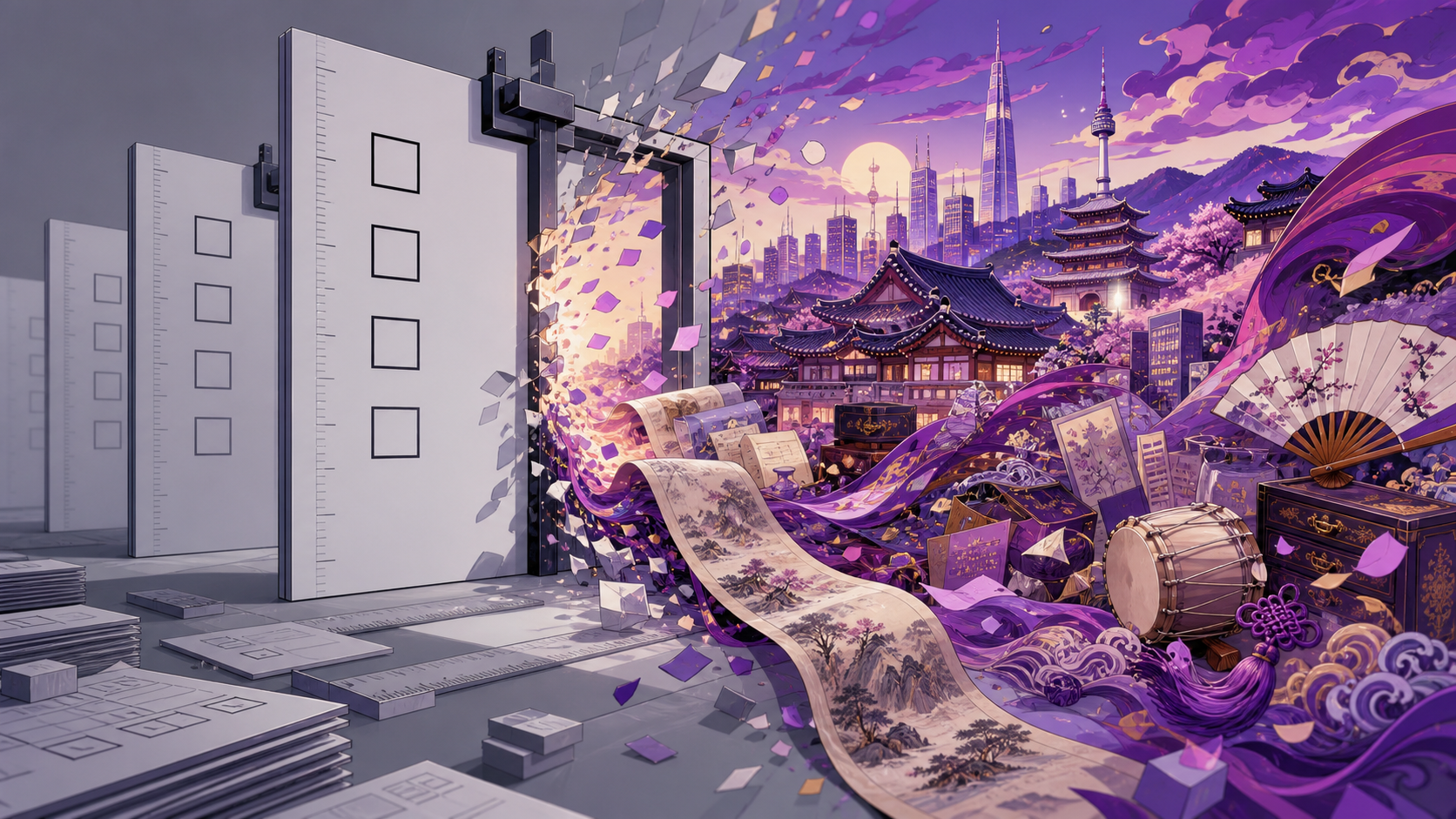 Original CVM Sekai editorial art of Korean-inspired culture breaking through a sterile approval gate