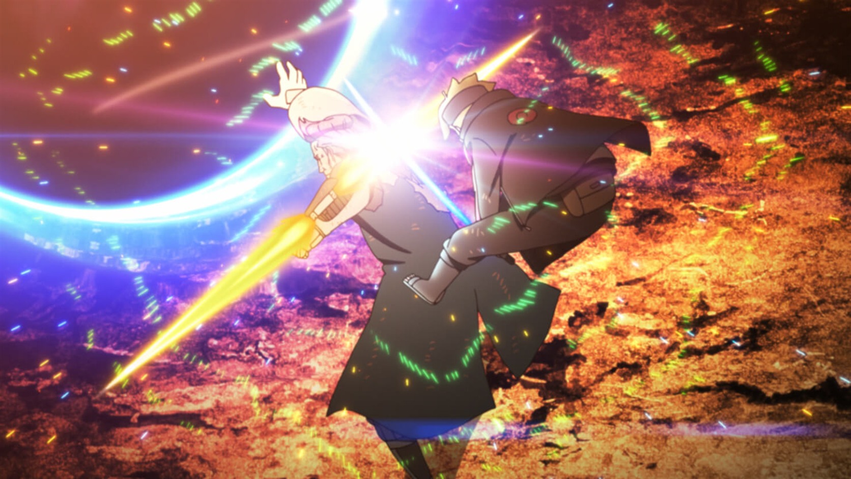 Boruto drives a Rasengan through Ao’s absorption sphere during their scientific ninja tool battle in Episode 186