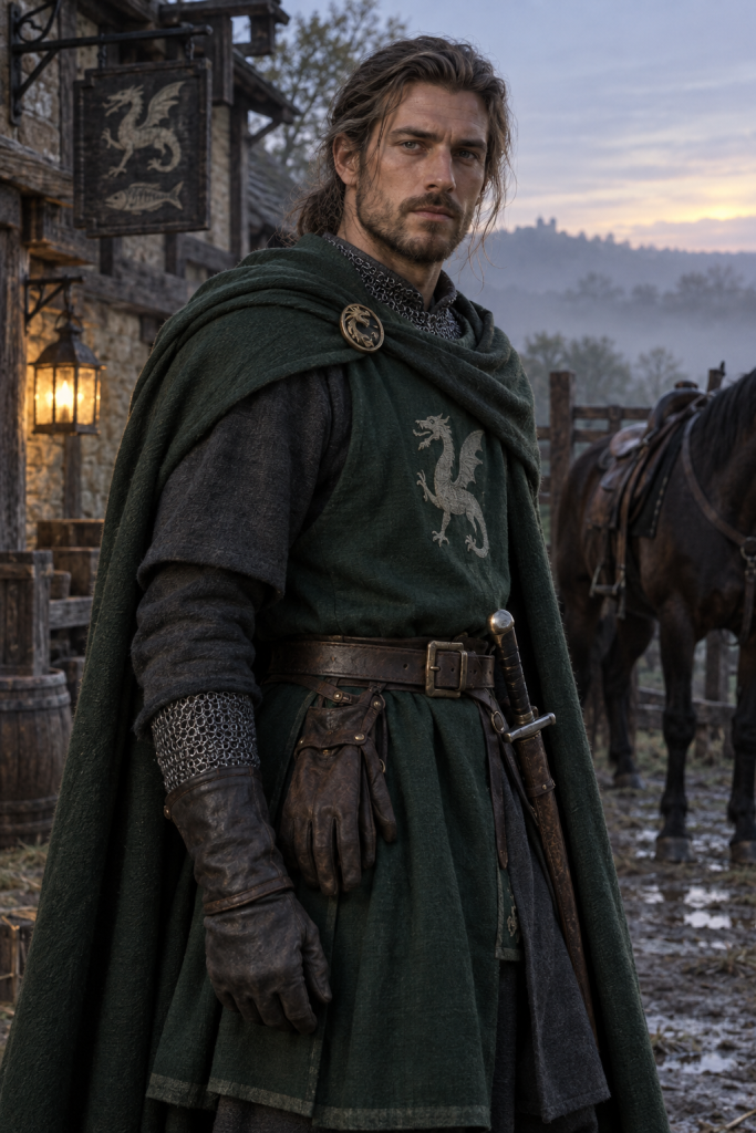 Deorhelm, a dark-haired Erkynguard soldier in green livery, stands ready for the cockcrow road beside the Dragon and Fisherman