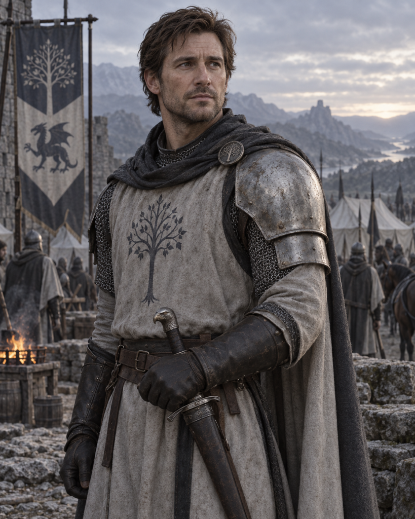 Deornoth in weathered gray livery with his plain hawk-pommel sword