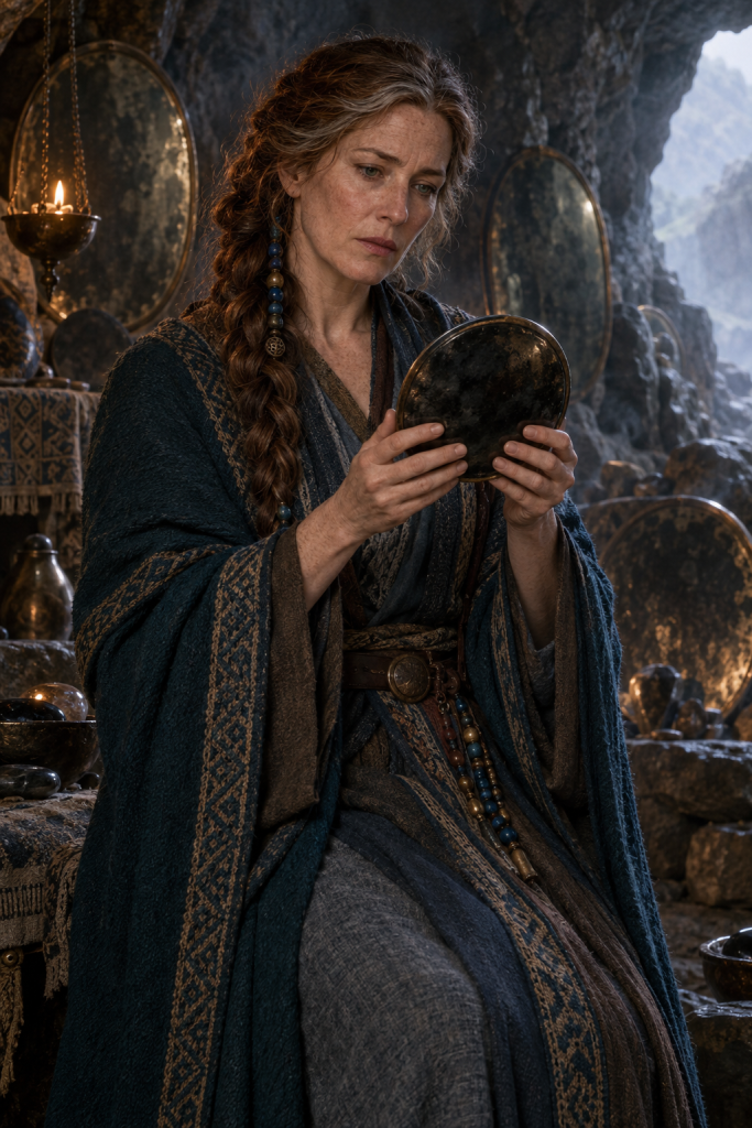 Diawen, a mature auburn-haired Hernystiri former priestess, studies a soot-darkened wormglass among mirrors and polished stones