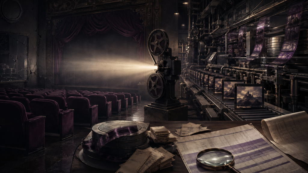 An empty vintage cinema faces a conveyor of repeated film frames beneath a projection beam