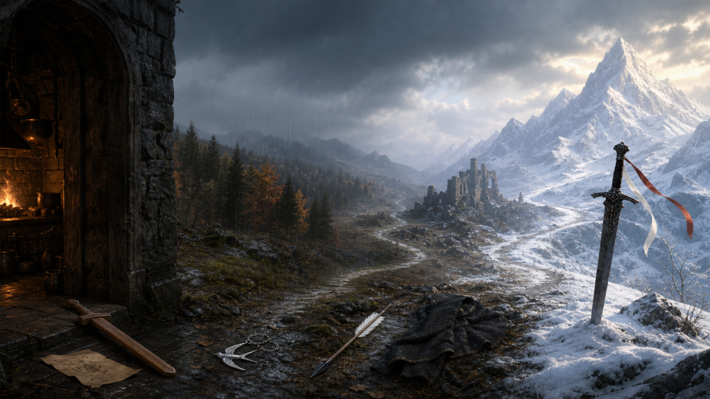 A road running from a castle scullery through forest and ruins to a sword planted beneath a snowy mountain