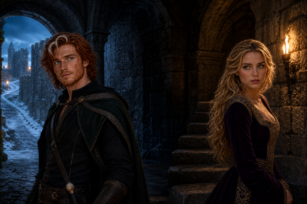 Simon and Miriamele on separate paths through the torchlit Hayholt for The Dragonbone Chair character directory