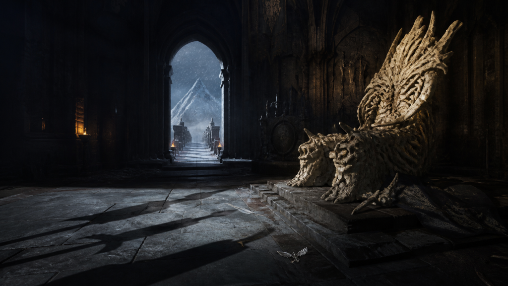 An empty throne made from dragon bones in the Hayholt with a snowy mountain visible beyond the hall
