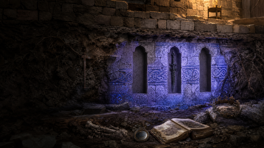 Human castle foundations built over luminous Sithi stonework with three sword niches, a crown, manuscript, roots, and iron