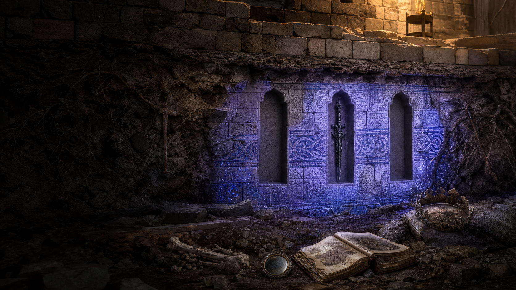 Human castle foundations built over luminous Sithi stonework with three sword niches, a crown, manuscript, roots, and iron