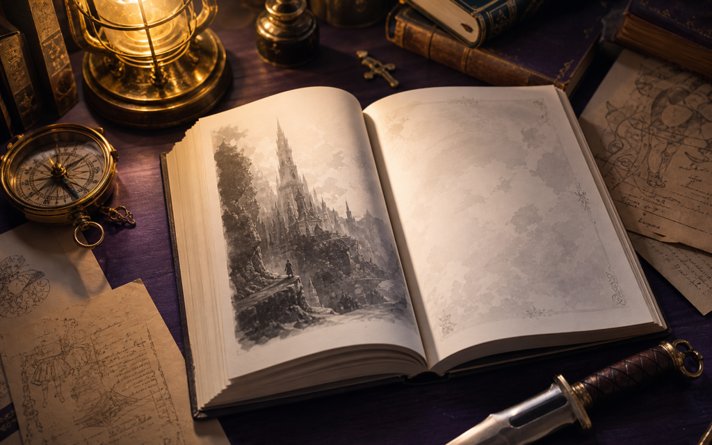 Open fantasy light novel with dungeon notes and late-night reading tools