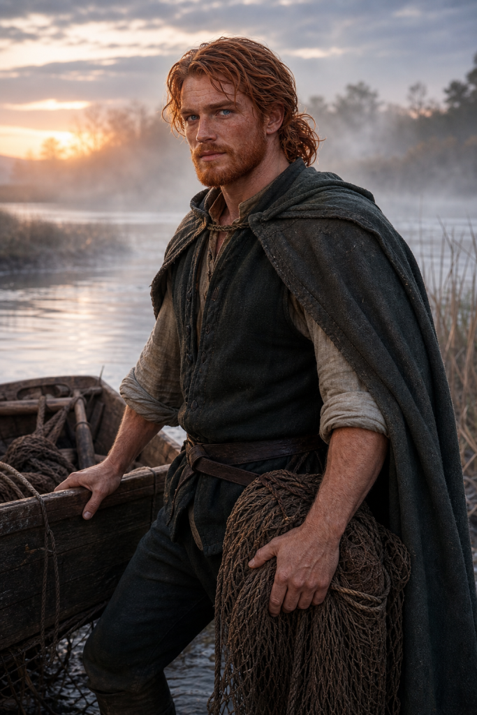Handsome red-haired Eahlferend with blue eyes, freckles, short beard, weathered fisherman clothing, coiled net, and wooden boat at misty dawn, shown as an explicitly inferred family resemblance to Simon