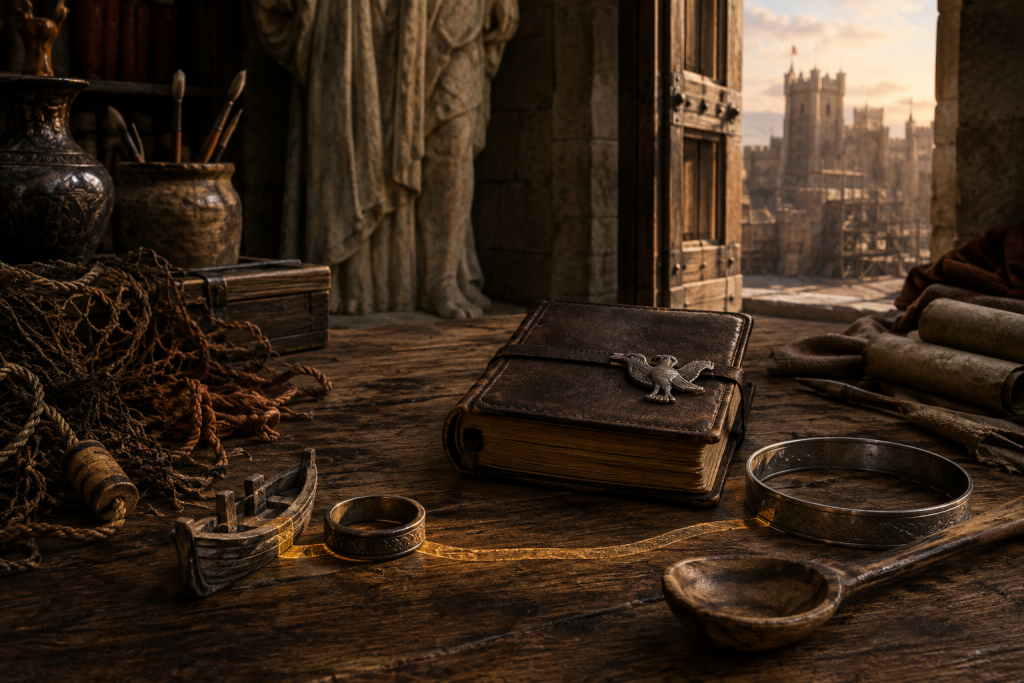 A fisherman net and boat token leading through an iron ring and scholar book to a kitchen spoon and modest circlet