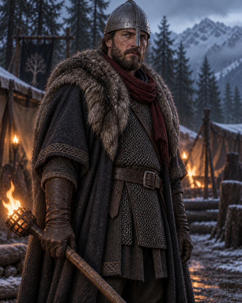 Einskaldir in a plain beaked steel cap holding a torch at a winter forest camp