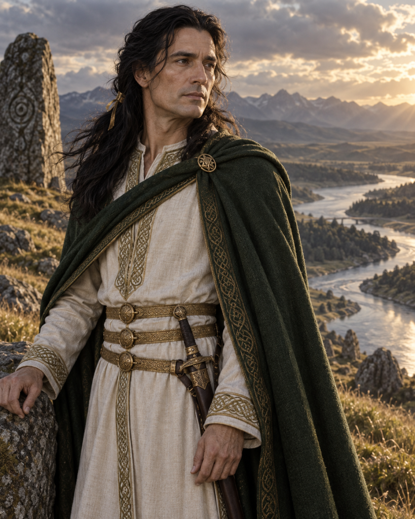 Count Eolair of Nad Mullach in white, gold, and a forest-green mantle