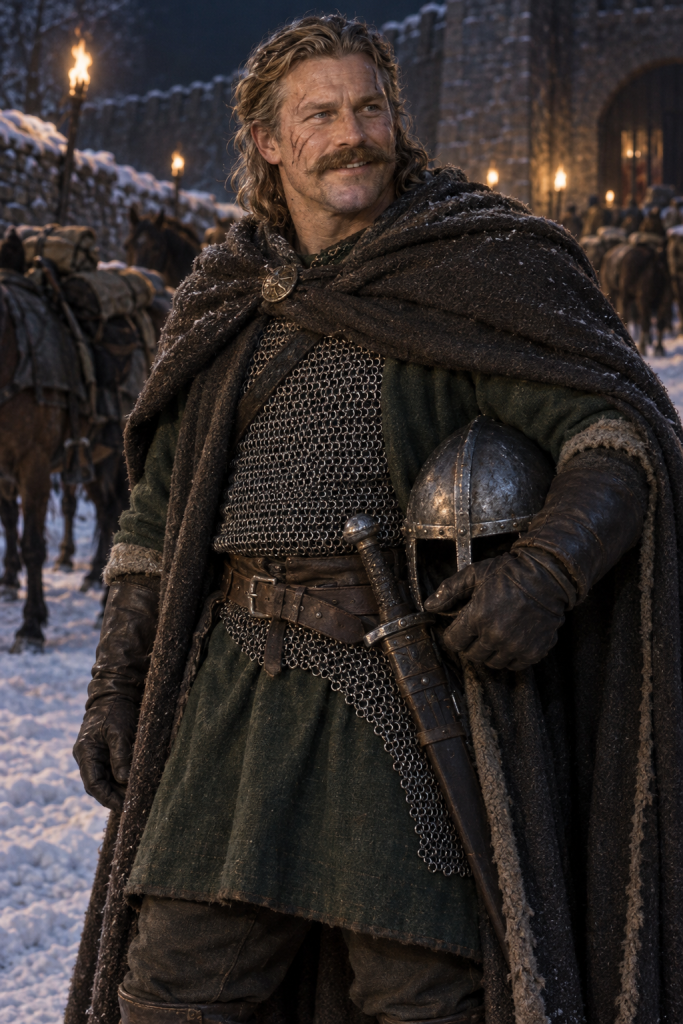 Ethelbearn, a huge scarred Erkynlandish veteran with a bushy mustache, laughs beside his helmet on the snowy Naglimund departure road