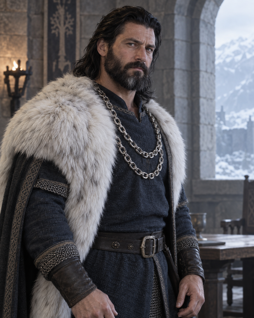 Lord Ethelferth of Tinsett, a muscular black-haired bearded lord, stands at Naglimund in white fur and silver chains