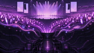 Original CVM Sekai editorial art of concert attention and fan signals being pulled into a dark machine
