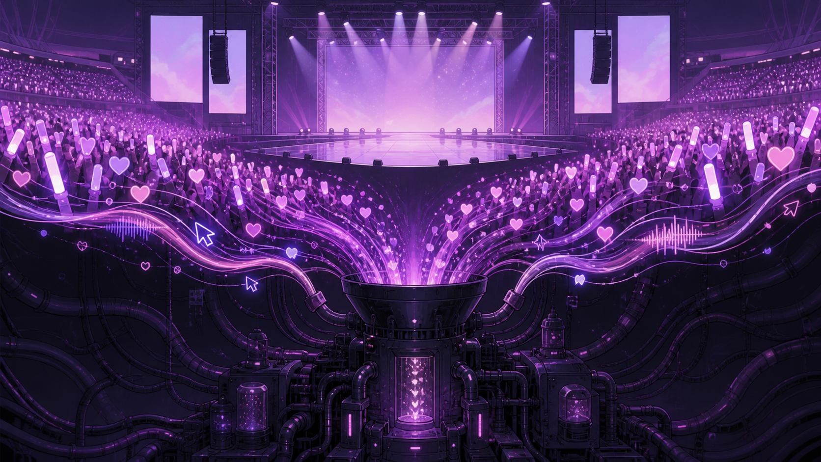Original CVM Sekai editorial art of concert attention and fan signals being pulled into a dark machine