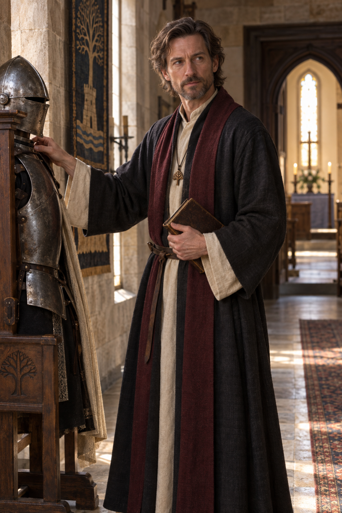 Father Dreosan, a lean dark-haired Hayholt chaplain carrying a prayer book, adjusts the displayed armor in his walking-hall