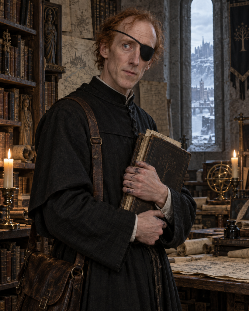 Father Strangyeard, the copper-haired one-eyed archivist holding Morgenes's manuscript