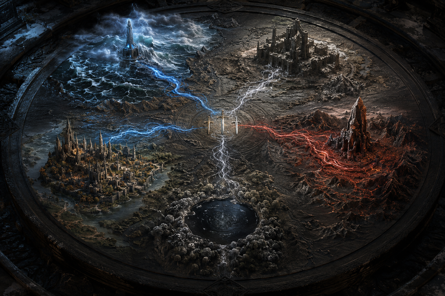 A carved map connects five distant ritual sites to three sword inlays