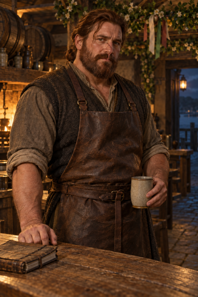 Freawaru, a massive auburn-bearded innkeeper with a scar crossing his nose and upper lip, stands behind the Dragon and Fisherman’s counter