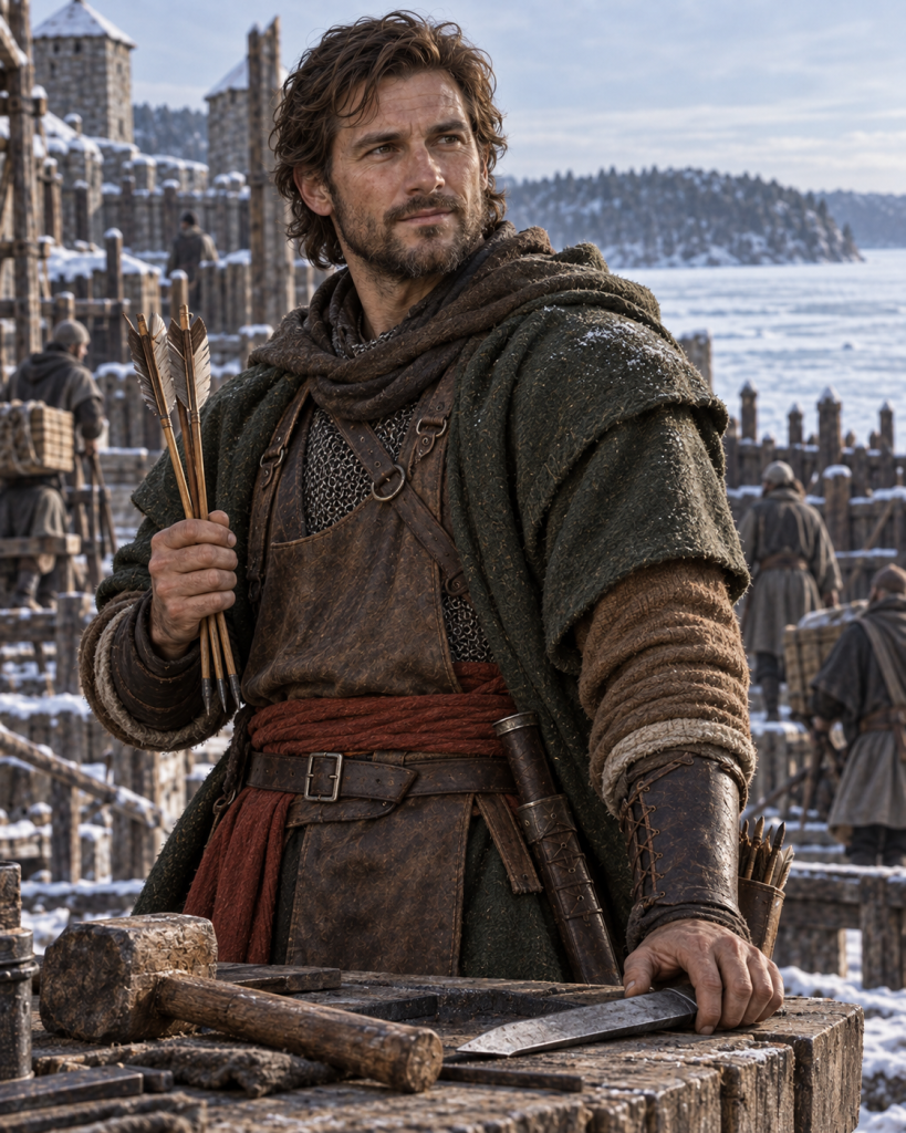 Freosel counting three arrows beside an unfinished shortened blade and lake mallet