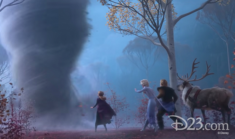 Gale appearing as a tornado around Anna, Elsa, Kristoff, and Sven in an official Frozen II still