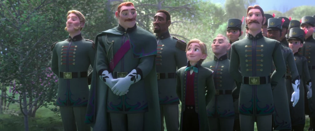 King Runeard stands with Arendelle soldiers and young Agnarr in an official Frozen II film still