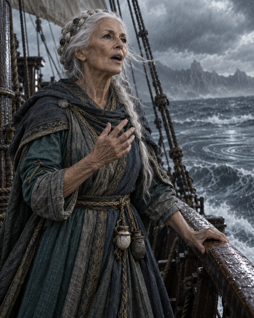 Gan Itai singing at the rain-swept stern as the storming sea begins to smooth