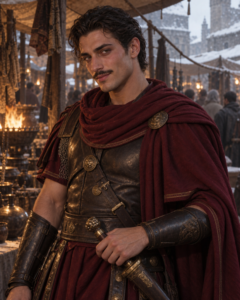 Gelles, a handsome young Nabbanai legionary with bright eyes and a thin dark mustache, stands in Erchester’s winter market