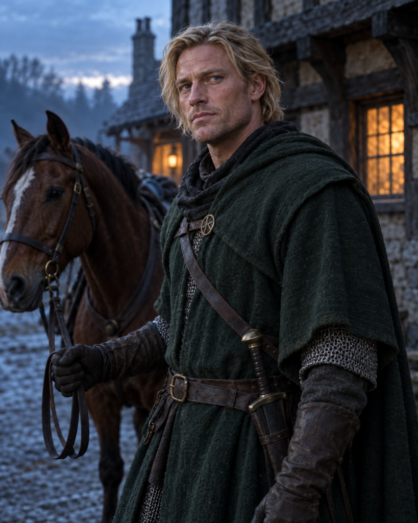 Godstan, a handsome blond Erkynguard soldier, holds a road horse’s reins outside the Dragon and Fisherman at cockcrow