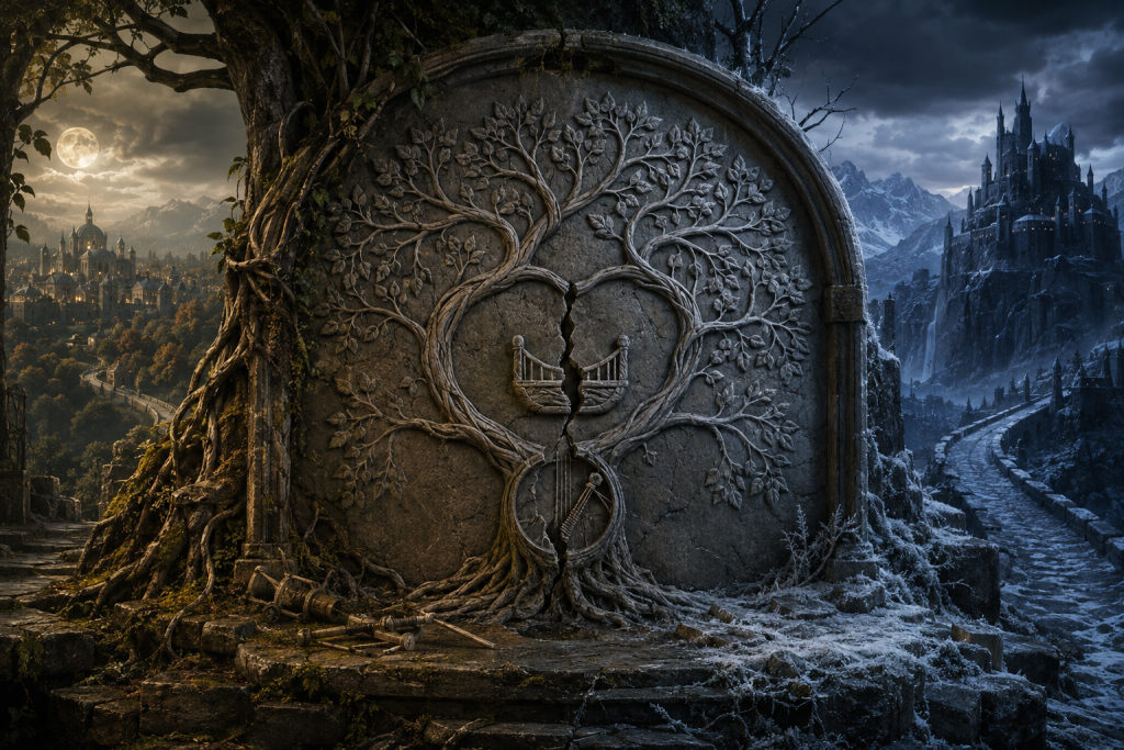 A carved family tree split by a deep fracture between a moonlit woodland city and a black ice mountain fortress