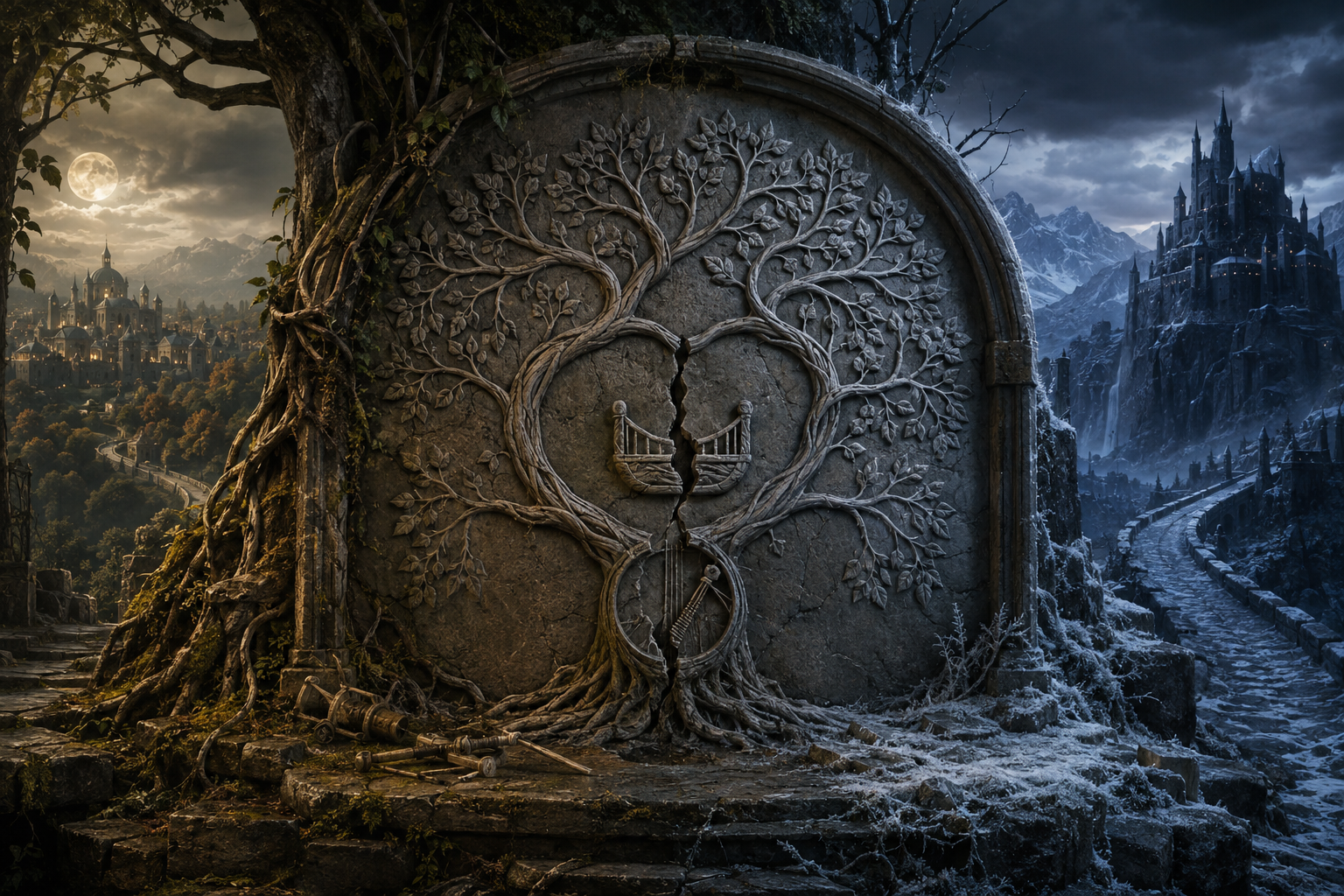 A carved family tree fractured between a woodland city and an ice fortress
